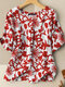Random Allover Plants Print Button Front Half Sleeve Blouse - Red