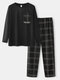 Mens Cotton Letter Print Round Neck Pajamas Sets With Plaid Pants - Black