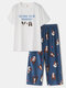 Women Dog Slogan Print Crew Neck Cute Cotton Pajamas Sets With Cropped Pants - White