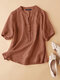 Solid Button Stand Collar Half Sleeve Casual Blouse - Orange