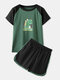 Women Print Pajamas Set Patchwork Short Sleeve O-Neck Softies Sports Loungewear Elastic Waist Bottom Sleepwear - Dark Green