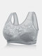 Plus Size Women Floral Embroidered Lace Wireless Wide Straps T-Shirt Bra - Gray