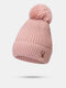 Women Knitted Solid Color Cartoon Elk Embroidered Fur Ball Decoration Plus Velvet Warmth Beanie Hat - Pink