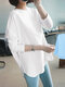 Solid Curved Hem Loose Long Sleeve Crew Neck T-shirt - White