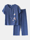 Women Flowers Print Loungewear Set Breathable Mandarin Button Loose Pajamas - Blue