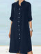 Solid Long Sleeve Button Front Stand Collar Dress - Blue