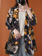 Ink Flower Print Blazer Collar Plus Size Suit Jacket - Black