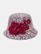 Women Woolen Fashion Elegant Floral Pattern Keep Warm Thermal Hat Bucket Hat - Red