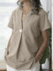 Solid Notch Neck Short Sleeve Button Casual Blouse - Beige