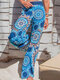 Ethnic Floral Print High Waist Bohemian Pants For Women - Blue