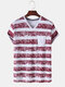 Mens Cotton Striped Print Chest Pocket Loose Light V-Neck T-Shirts - Red
