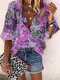 Print 3/4 Sleeve V-neck Vintage Blouse For Women - Purple