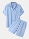 Mens Pinstripe Revere Collar Plain Casual Two Pieces Outfits With Pocket - Blue