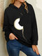 Black Cat Moon Print Long Sleeve Casual Hoodie for Women - Black