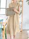 Solid Tie Back Button Front Short Sleeve Stand Collar Dress - Apricot