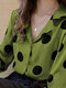 Dot Print Long Sleeve Lapel Women Button Down Shirt - Green