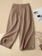 Women Solid Pleated Cotton Casual Pants With Pocket - Brown