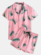 Plus Size Mens Tropical Leaf Print Revere Collar Casual Two Piece Outfits - Pink