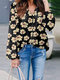 Damen-Bluse mit Allover-Blumendruck, V-Ausschnitt, Urlaubs-Langarmbluse - Schwarz