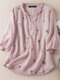 Women Frill Notched Neck Button Detail Embroidered Half Sleeve Blouse - Pink