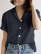 Solid Button Front Pocket Lapel Short Sleeve Shirt - Navy