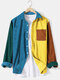 Mens Corduroy Patchwork Color Block Relaxed Fit Long Sleeve Shirts With Pocket - Yellow
