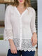 Mujer Encaje Patchwork Escote en V Botón Frontal Dividido Camisa - Blanco