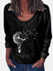 Printed V-neck Long Sleeve Vintage T-shirt For Women - Black