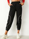 Line Print Elastic Waist Pocket Long Casual Sport Pants for Women - Black