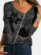 Cartoon Cat Striped Zipper V-neck Long Sleeve T-shirt - Black