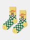 3 Pairs Unisex Cotton Letter Cartoon Bear Checkerboard Lattice Pattern Jacquard Breathable Socks - Yellow+Green