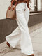 Solid Color Plain Button Pocket Long Casual Pants for Women - White