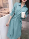 Solid Twist Long Sleeve Lapel Casual Dress For Women - Green