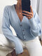 Solid Color Pleated V-neck Button Long Sleeve Cardigan - Blue