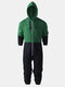 Men Plus Velvet Thick Track Onesies Contrast Color Two Way Zipper Hooded Loungewear Jumpsuit - Green