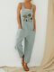 Mushroom Print Straps Casual Jumpsuit With Pocket - Pea Green