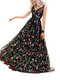 Floral Embroidered Backless Sleeveless Evening Dress - Black