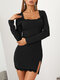 Solid Color Lace Patchwork Slit Hem Long Sleeve Sexy Dress - Black