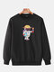 Mens Cartoon Cute Astronaut Print Loose Casual Pullover Sweatshirt - Black