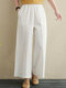 Solid Elastic Waist Casual Cropped Pants with Pocket - White