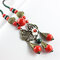 Ethnic Necklace Ceramic Drop Tassel Handmade Vintage Shell Flower Fish Beads Charm Pendant Chain - Red