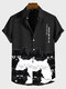 Mens Japanese Cat Print Lapel Button Up Short Sleeve Shirts - Black