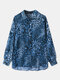 Leopard Print Lapel Long Sleeve Button Loose Blouse For Women - Blue