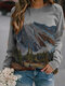 O-neck Landscape Print Long Sleeve Casual Sweatshirt For Women - Gray