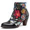SOCOFY Colorful Floral Genuine Leather High Heel Elegant Ankle Boots - Black