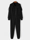 Mens Solid Pleated Zip Front Elastic Waist Casual Long Sleeve Jumpsuits - Black