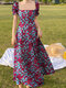 فستان ماكسي بياقة مربعة بأكمام منتفخة مطبوع عليه أزهار عشوائية - أرجواني
