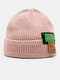Unisex Knitted Solid Color Jacquard Letter Label Flanging All-match Warmth Brimless Beanie Hat - Pink