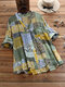 Vintage Print Patchwork Vacation Long Sleeve Plus Size Shirt - Green