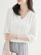 Solid V-neck 3/4 Sleeve Blouse For Women - White